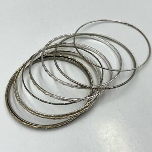 8 Vintage Silver Tone Stacking Bangle Bracelets Set Diamond Cut Texture Boho Lot